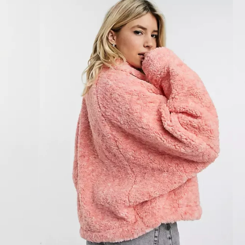 Free People Teddy Faux Fur Swing Cozy Jacket Melon Pink Coral sz XS - Picture 8 of 11